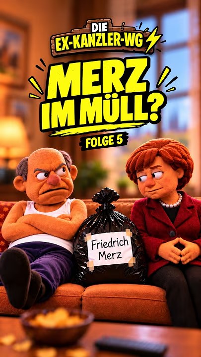 Satirische Puppendarstellung zweier ehemaliger Kanzler auf einem Sofa.